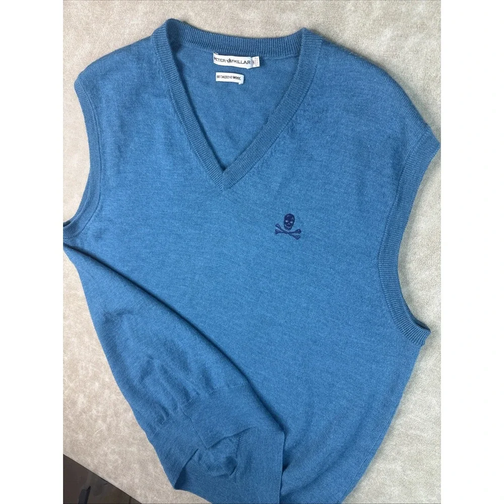 Peter Millar Golf Sweater Vest Mens‎ M Teal Merino Wool Skull Crossbones V-Neck